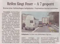 Reifen fängt Feuer - A7 gesperrt